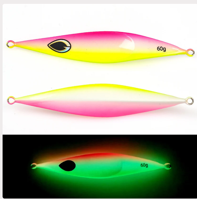 Flutter jig, Skittles, 80g, glow, reef wrecker.