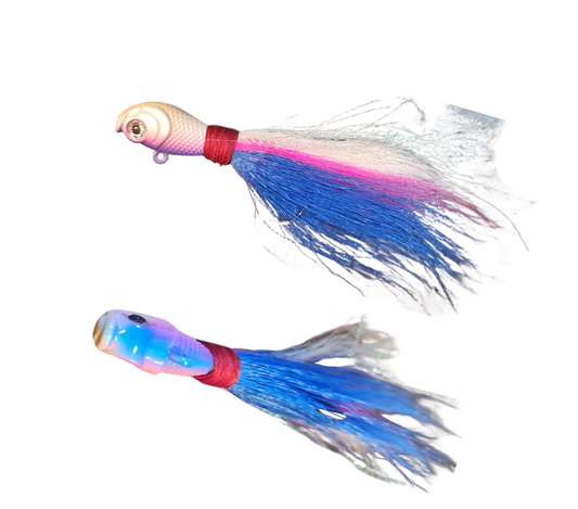 Bucktail jig, 30g, pink/blue/white, pink/white face. $5.99